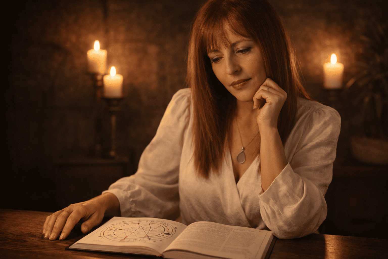 Eilish Gleen consultando una carta natal junto a velas en Barcelona