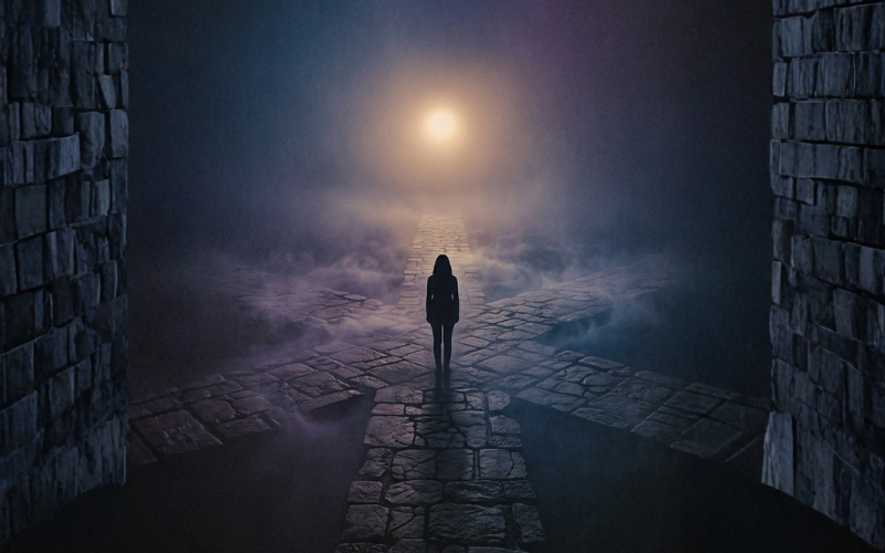 Persona caminando hacia la luz en la oscuridad representando la búsqueda de sanación espiritual