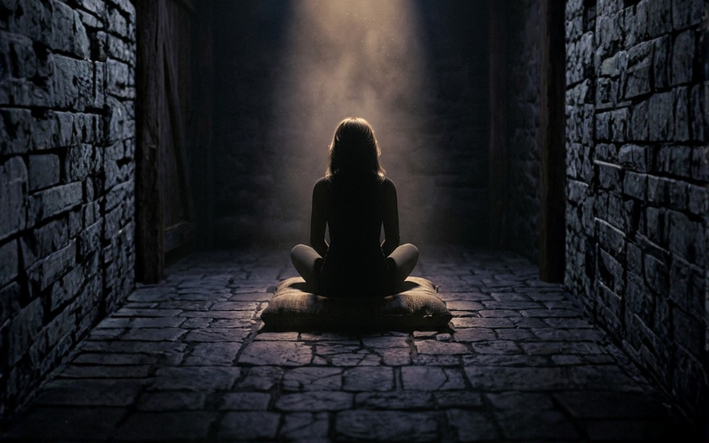 Mujer meditando en silencio buscando respuestas a un dolor emocional profundo