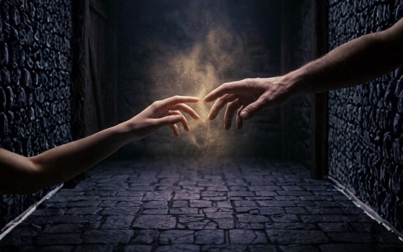 Dos manos conectando energéticamente representando la conexión entre el mundo físico y espiritual