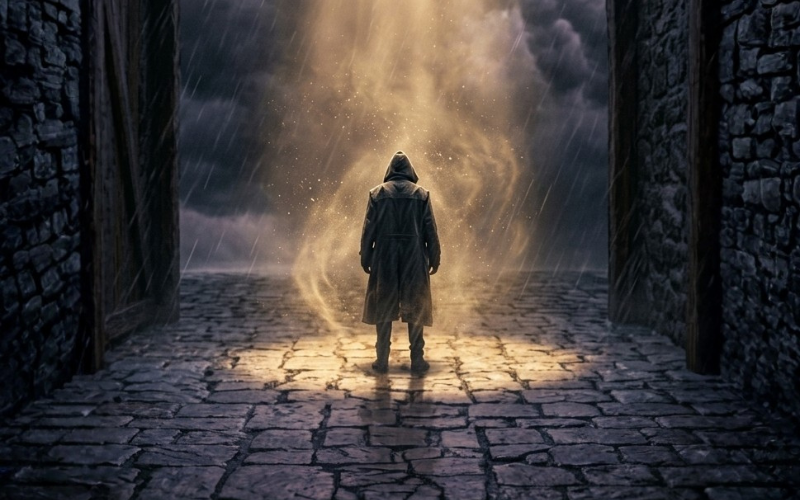 Figura solitaria rodeada de energía dorada representando la carga emocional heredada