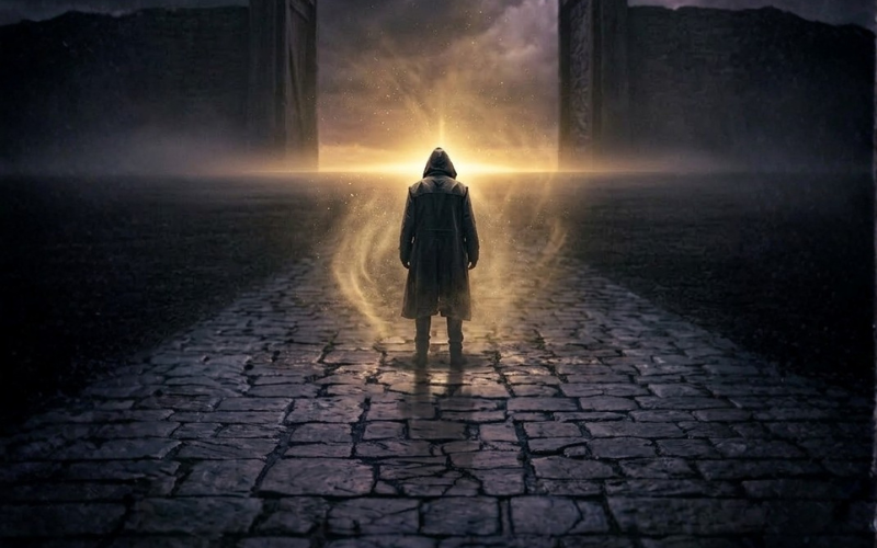 Figura caminando hacia la luz dorada simbolizando el inicio del proceso de sanación