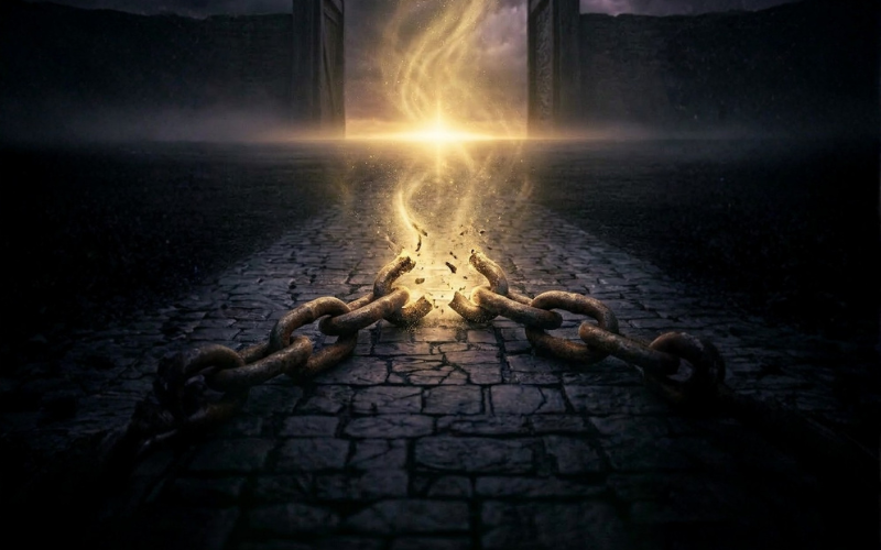Cadenas rompiéndose con luz simbolizando la liberación de bloqueos y patrones heredados