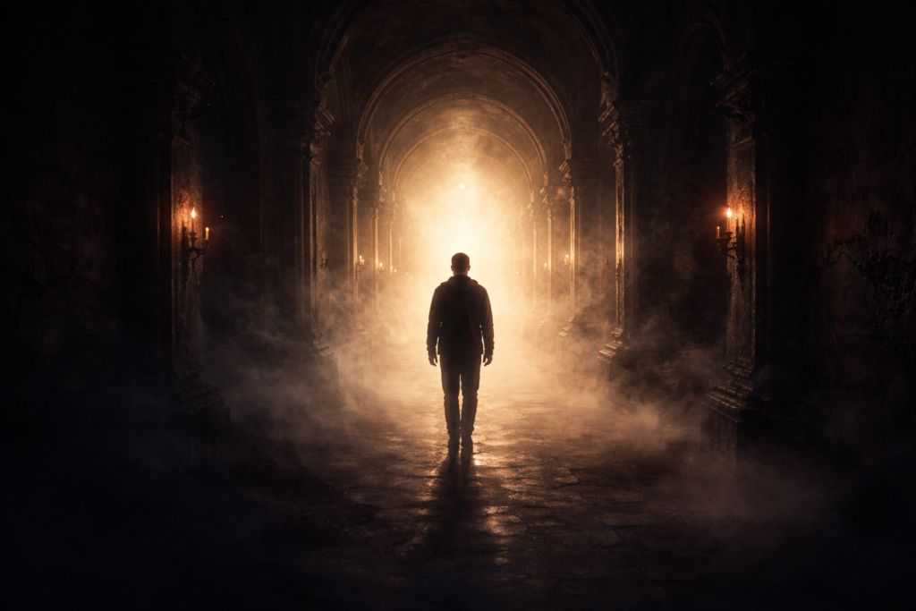 Persona caminando hacia la luz en un proceso de transformación y sanación interior