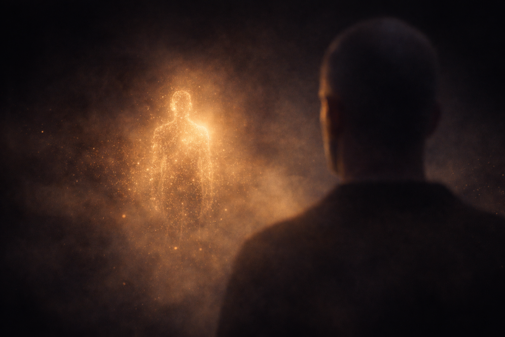 Persona contemplando una presencia de luz en una experiencia de conexión espiritual