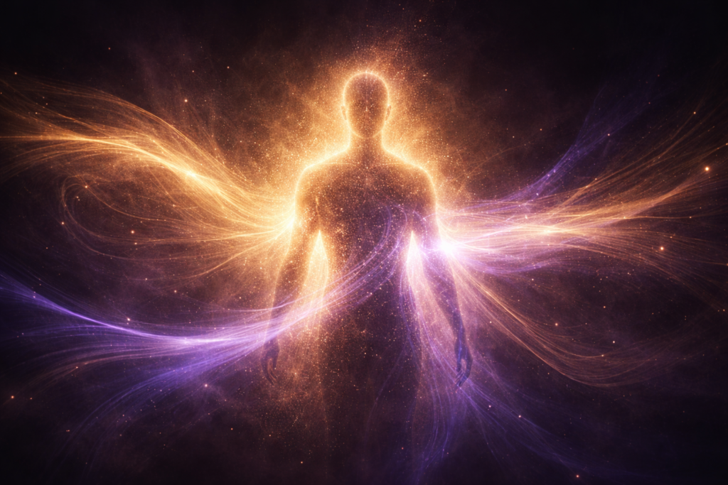Figura humana de luz expandiendo su energía en un proceso de sanación espiritual