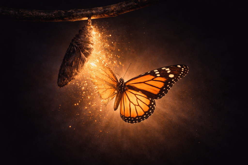 Mariposa emergiendo luminosa simbolizando la transformación personal con hipnosis y sanación