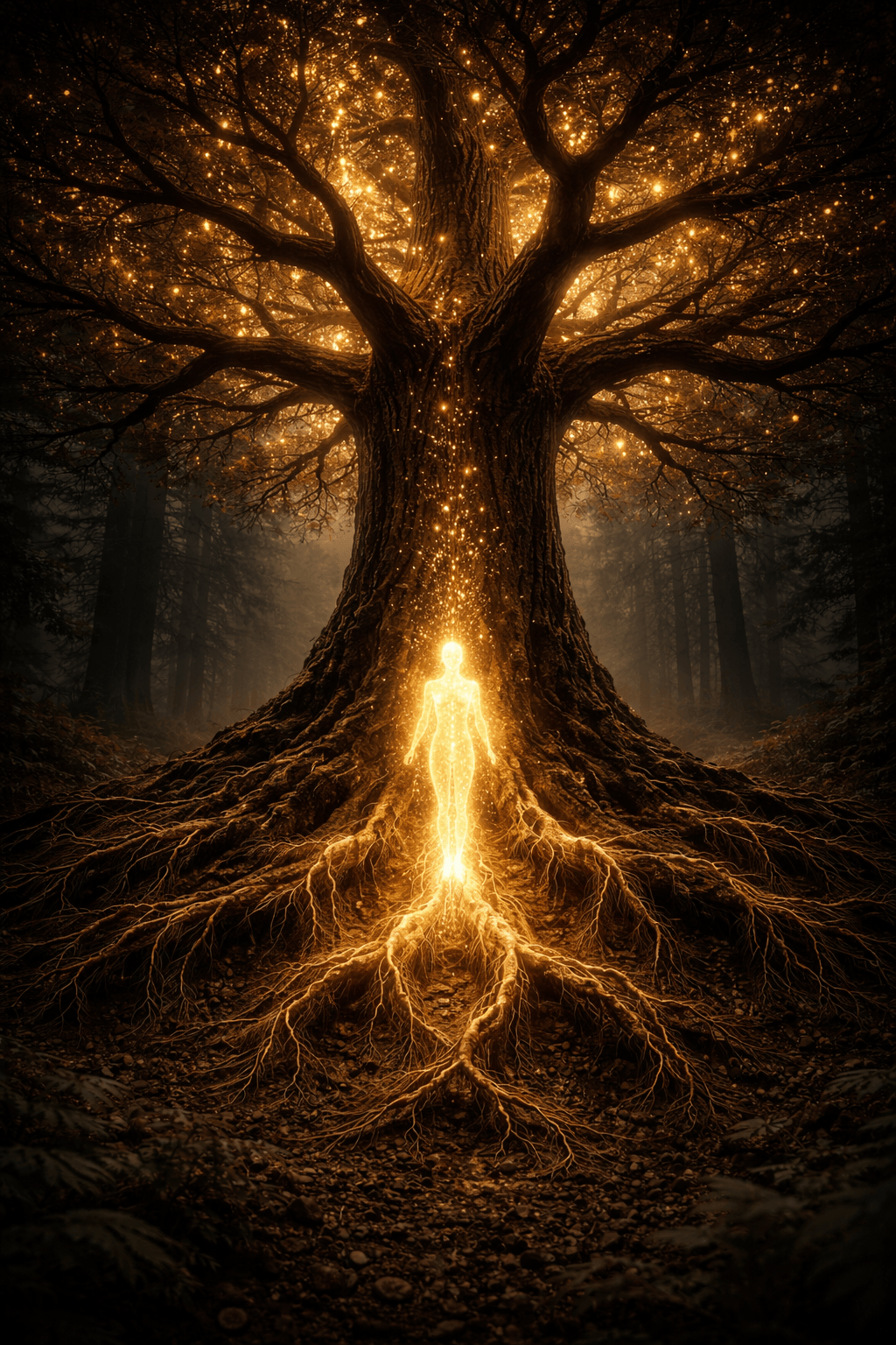 Árbol genealógico luminoso representando la sanación de patrones transgeneracionales