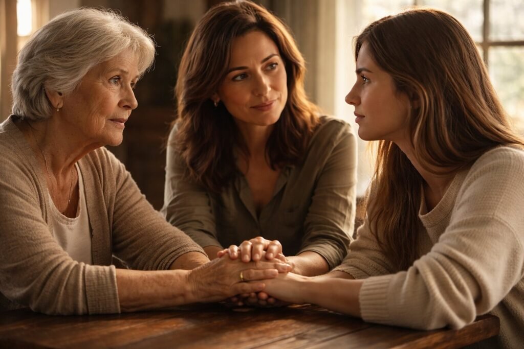 Tres generaciones de mujeres transmitiendo mandatos familiares sobre el dinero