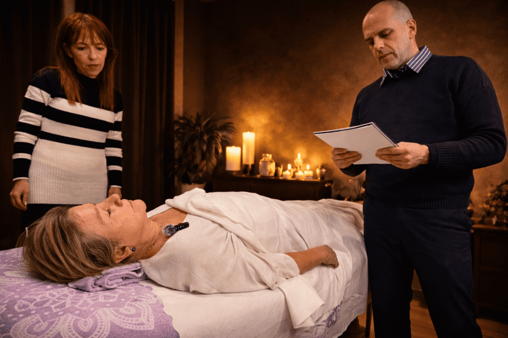 Eilish y Javi conduciendo una sesión de hipnosis regresiva en Conectando con Almas