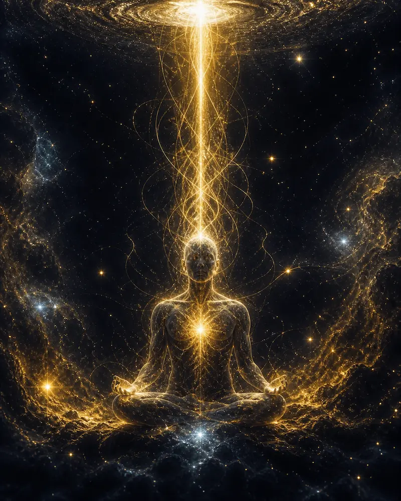 Silueta humana meditando en el cosmos conectando con su misión espiritual y contrato del alma