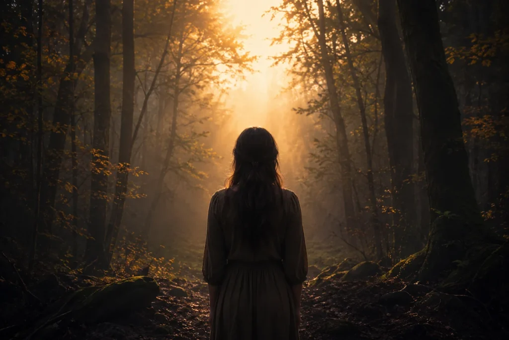 mujer en bosque brumoso cerrando un duelo espiritual